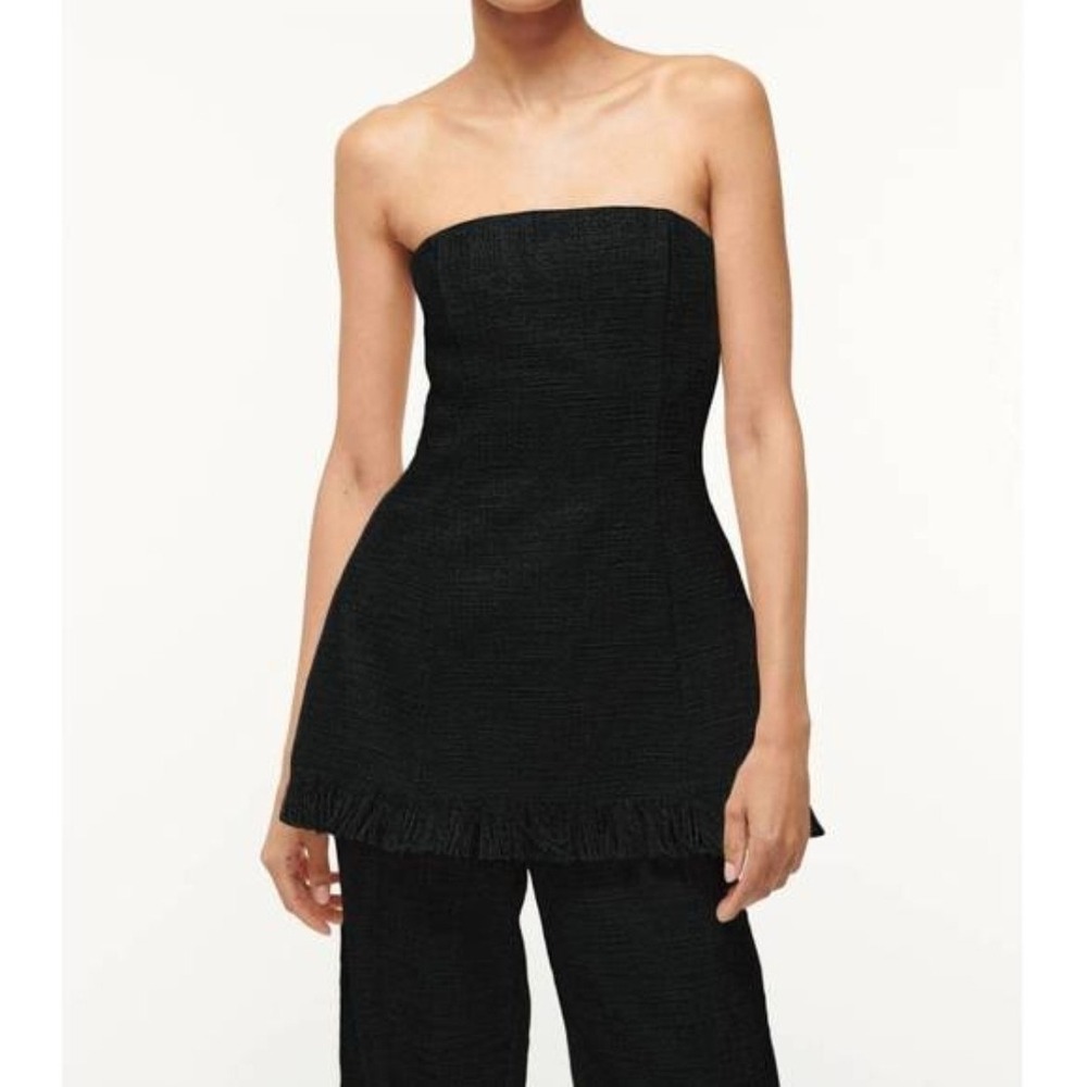 STAUD Silvia Strapless Frayed-Edge Textured Tweed Cotton Top Sz 8 Black NWT